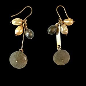 Vintage Labradorite and Freshwater Pearls Pierced Dangle Drop Earrings